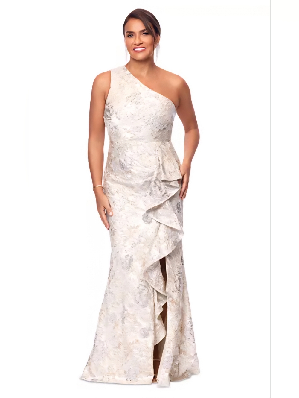 Xscape One-Shoulder Ivory Floral Jacquard Ruffle Gown